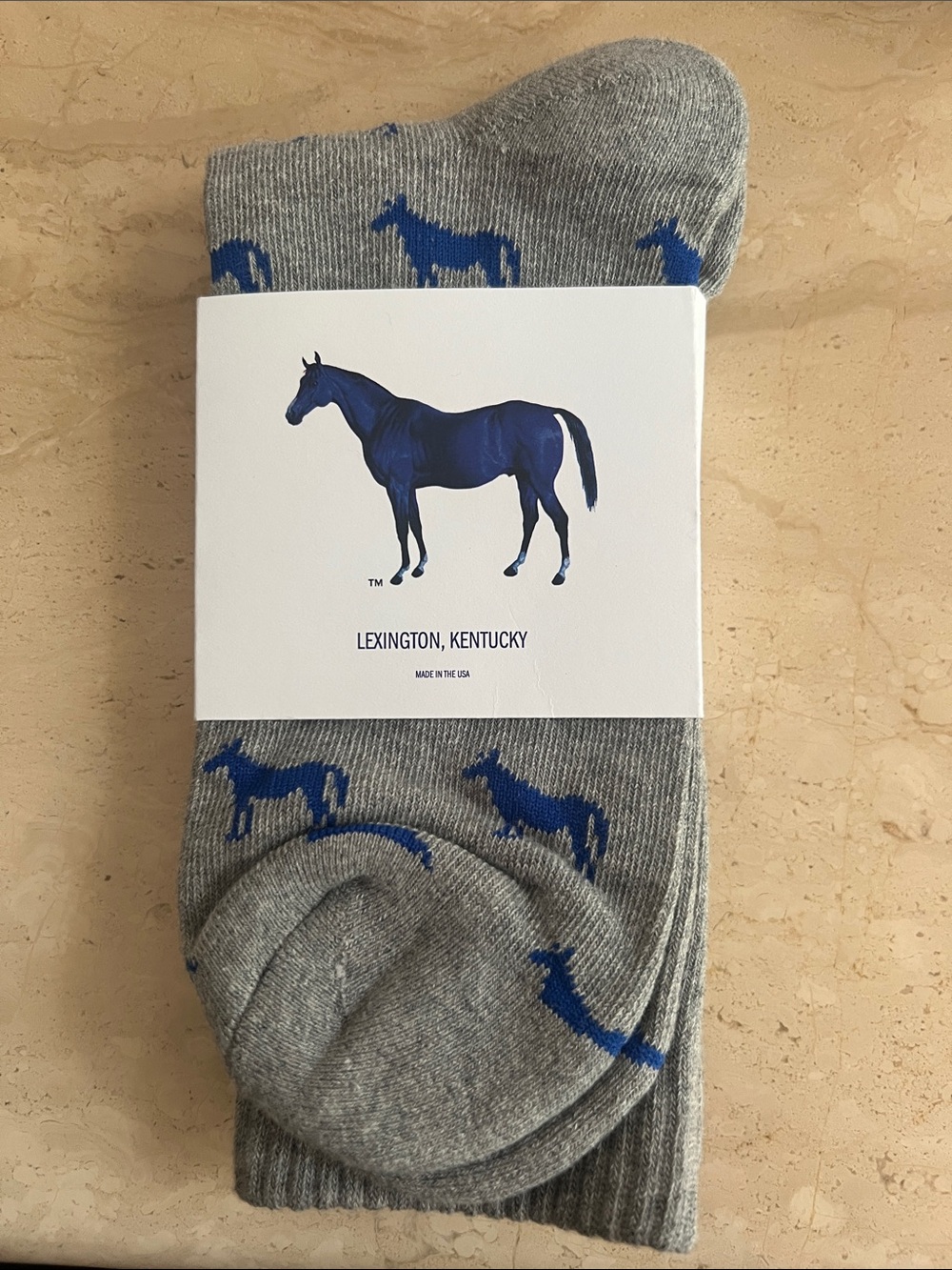 Men's Grey Crew Socks with Blue Horse Motif - Lexington, Kentucky
